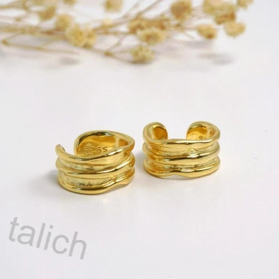 PAIR Gold Plated or Sterling Silver Organic Textured Wavy Ear Cuff Non Piercing - Image 1 of 4