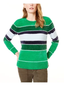 MAISON JULES Womens Green Striped Long Sleeve Jewel Neck Sweater Size: XS - Picture 1 of 3