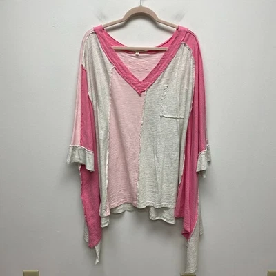 Top asimétrico de gran tamaño de algodón con cuello en V bloque de color rosa gris terciopelo azul para mujer L Foto 1 de 4