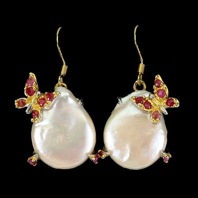 925 Sterling Silver Earrings Round Ruby 2mm Pearl Butterfly Gemstone Jewelry - Image 1 of 4
