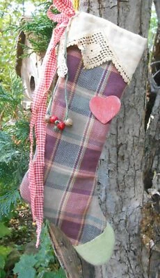 Medias de Navidad a cuadros de colección de algodón y lana arte popular primitivo granja rural #3 Foto 1 de 4