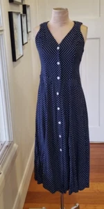 True Vintage 90s 8 Blue & White polka dot midi dress with cut out back design - Picture 1 of 8