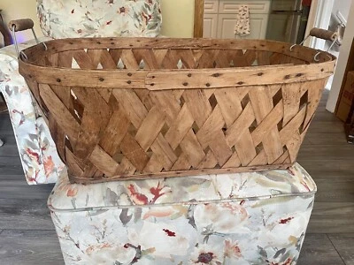 Antique Primitive Wash Splint Basket w Wood Handles Farmhouse - Image 1 of 4