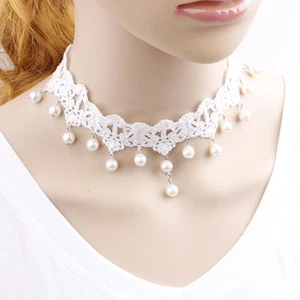 White Vintage Lace Chain Bridal Wedding Gothic Lace Necklace Party Ball Dress - Picture 1 of 2