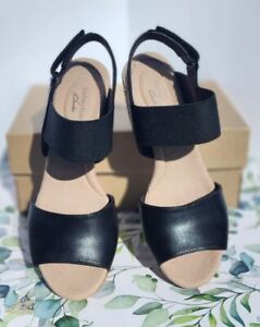 Clarks Black Sz 8.5  Leather Lafley Lily Women's Wedge Sandals Adjustable Ankle