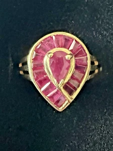VTG Solid 14K Yellow Gold Ruby Teardrop Ring 19 Genuine Rubies Signed BCAS 4g - Picture 1 of 11