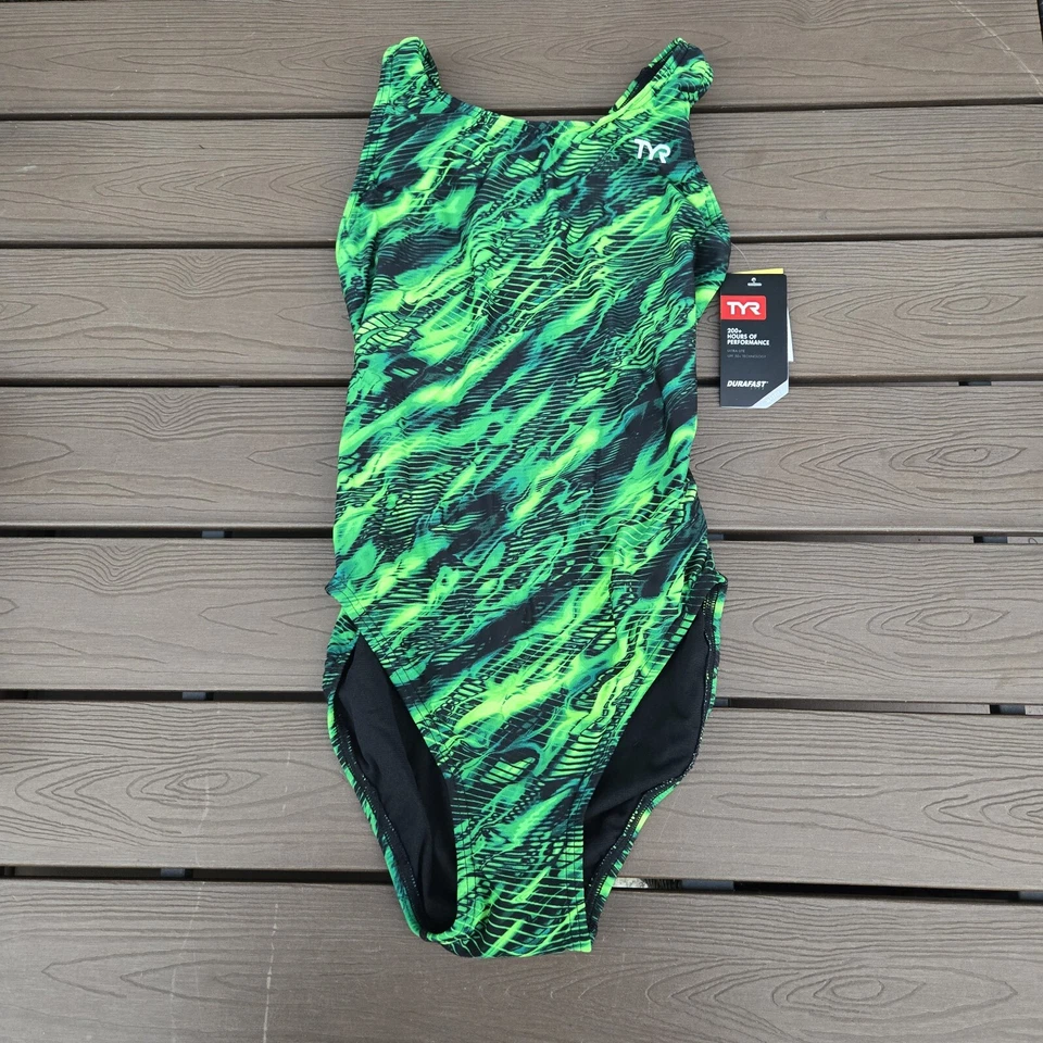 TYR Durafast Maxfit Hydra 1pc Swimsuit - Red Stripe Youth Girls Size 22