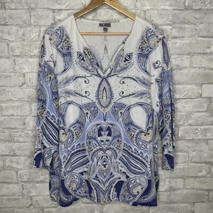 JM Collection Luxury 100% Linen Tunic Top Boho Beaded Blue White Size Large - Picture 1 of 13