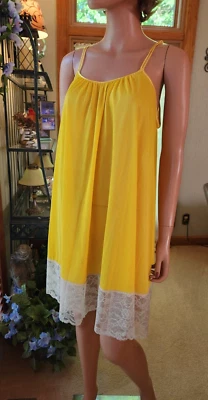 Vtg 60s Rare Van Raalte Mustard Yellow Nylon Babydoll Lace Hem Nightgown - Image 1 of 4