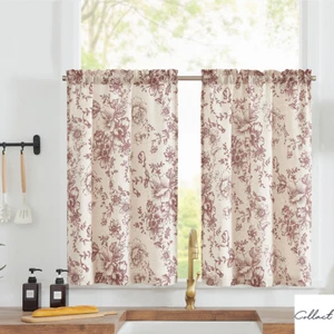 COLLACT Linen Kitchen Curtains Floral Tier Curtains Farmhouse Cafe Curtains - Picture 1 of 50