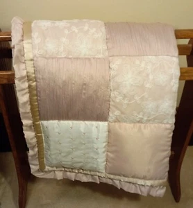 Peanut Shell Grace Pink Gold Ivory Satin Quilted Ruffle Baby Crib Blanket EUC - Picture 1 of 5