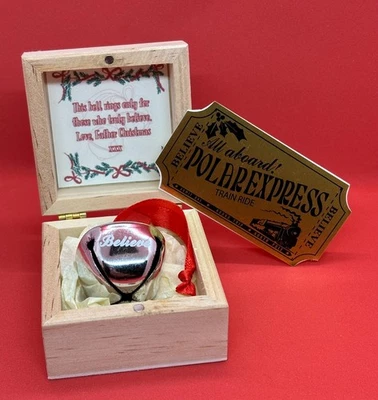 Magical Polar Express Style 'Believe' Silver Bell In Wooden Box Christmas Eve!