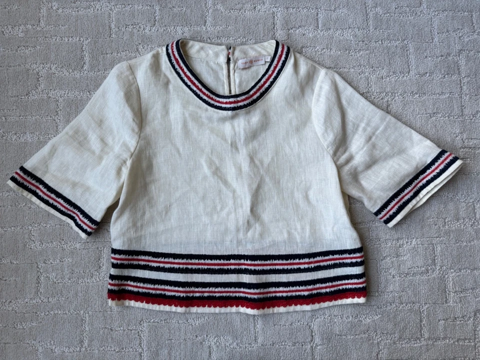 Top de lino Tory Burch Florentina bordado marfil para mujer talla 2 barco precio de venta sugerido por el fabricante 248 USD Foto 1 de 4
