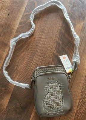 NUEVO CON ETIQUETAS BOLSO BANDOLERA GRIS CHALA RAYAS GATO ATIGRADO GATITO TELÉFONO CELULAR GRIS Foto 1 de 4