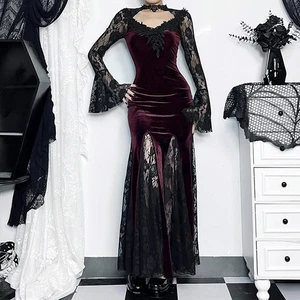 Lady Gothic Lace Long Dress Sheer Mesh Sleeve High Slit Evening Gown Party Retro - Picture 1 of 24