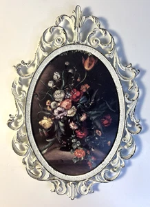 Vintage verzierter weißer Metallrahmen Made in Italy Glas Blumen Bild oval MCM - Bild 1 von 13