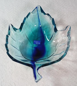 Studio Nova Cobalt Blue Green Maple Leaf Art Glass Dish Candy Trinket Holder - Picture 1 of 14