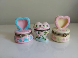 Trinket Box Lot of 3 Heart Shaped Pink Yellow Photo Frame Floral Hinged Lid - Picture 1 of 7