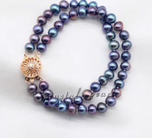 NICE Stunning AAA South Sea black blue PEARL BRACELET 7.5-8" 925S - Picture 1 of 3