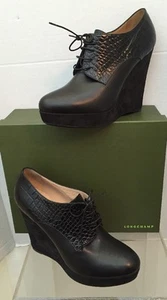 Longchamp Paris  Black Derby Balzane Bowler Wedge Heel Laceup Shoes EU 40 - Picture 1 of 11