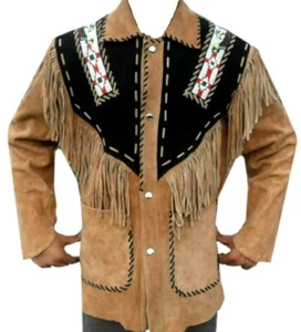 Chaqueta vaquera antigua para hombre marrón piel de ciervo gamuza cuero con cuentas flecos WSJ47 - Imagen 1 de 4