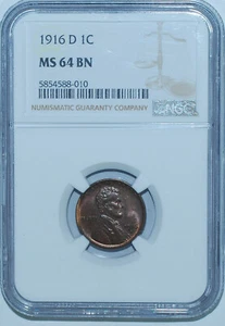 1916 D NGC MS64BN Lincoln Wheat Cent Wood Grain Toned Reverse - Picture 1 of 2