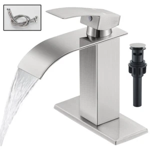 Waterfall Bathroom Basin Faucet Vanity Sink Single Handle 3 Hole Mixer Tap Drain - Picture 1 of 20