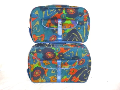 PR Vtg 70s KGA NESTING Flower Power Soft Sided Suitcase Multi Colored Floral - Image 1 of 4