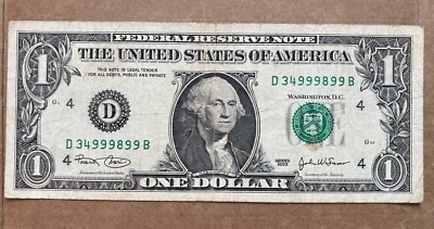 2003  $1 DOLLAR FEDERAL RESERVE NOTE  FANCY SERIAL NUMBER NOTE D 34 999 8 99 B - Image 1 of 2