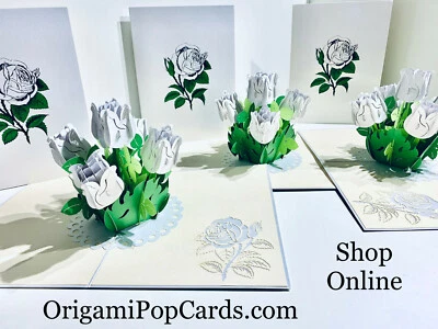 TARJETAS POP ORIGAMI Ramo Rosa Blanca 3D Pop Up Tarjeta de Felicitación Simpatía Paz Foto 1 de 4