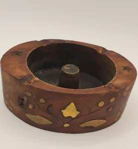 Vintage Old Hand Carved Brass Fitted Wooden Ashtray collectible Indian Folk Art - Picture 1 of 15