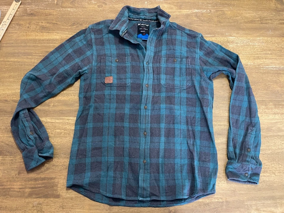 KAVU 男式衬衫,尺寸 S,绿色黑色,格子,纽扣长袖 — 第 1/4 张图片