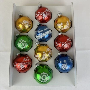 VTG Stencil Ornaments Santa w/ Skis Toys Train Drum Seasons Greetings Set Of 10 - Picture 1 of 12