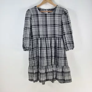 New look dress womens 14 smock A-line black plaid 3/4 sleeve cotton blend 103817 - Picture 1 of 8