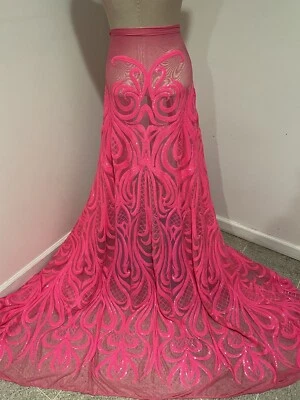 NEON PINK  4way Stretch Sequins Fabric 50” Width Sold By The Yard - Image 1 of 4