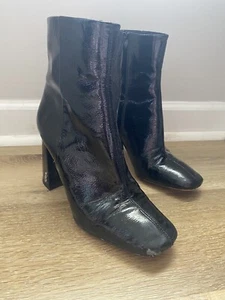 Sam Edelman Codie Black Patent Leather Square Toe Mid-Calf 3.5” Booties Size 7 - Picture 1 of 12