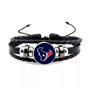 HOUSTON TEXANS BLACK LEATHER BEADED ADJUSTABLE BRACELET W/ GIFT BOX - Picture 1 of 1
