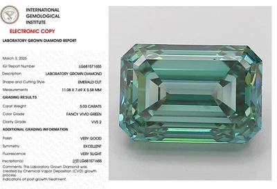 5.03 Emerald Lab Grown For Diamond Engagement Ring IGI Fancy Vivid Green VVS2 - Image 1 of 4