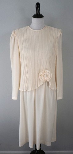 OFF WHITE Abito formale vintage Boston Maid Off bianco avorio plissettato manica lunga taglia 4