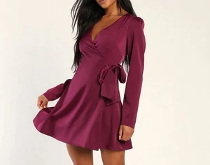 Lulus Festive Forever Wrap Mini Dress Long Sleeves Plum Purple Satin Large NWT - Picture 1 of 13