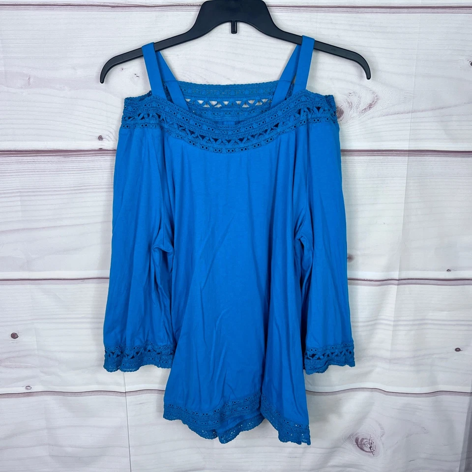 Blusa Top Suave Surroundings Para Mujer XL Azul Hombro Frío Túnica Encaje Borde Sólido Foto 1 de 4
