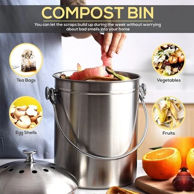 Countertop Compost Bin Round Stainless Steel Remove Odors Composting Bin Wi UT - Image 1 of 4