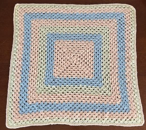 Hand Crocheted Pastel Baby Blanket 29”x30”. Blue Peach Yellow Neutral Square - Picture 1 of 2