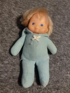 Vintage 1979 Fisher Price #244 Baby Doll Toy Blue Cloth Body Blond Hair 6 Inch - Picture 1 of 12