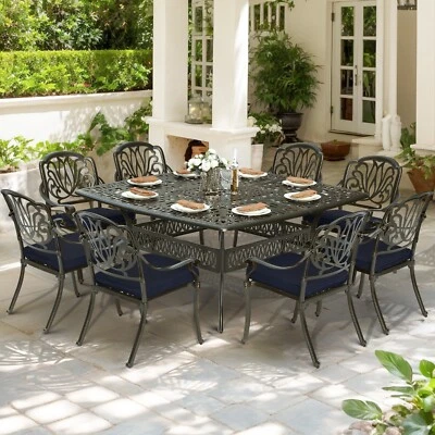 Juego de comedor de patio de aluminio fundido de 9 piezas mesa de comedor exterior con orificio para sombrilla Foto 1 de 4