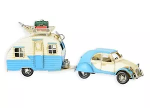 Coche De Hoja Nostálgico Coche Azul 2CV Con Remolque De Caravana Clásico L 40 Cm - Imagen 1 de 1