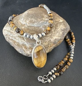 Coffee Tigers Eye Pendant Navajo Sterling Silver Beads Necklace 26" 14886 - Picture 1 of 13