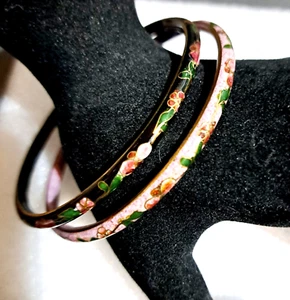 2 Vintage Cloisonne Floral Purple Black Red Green Thin Bangles Small Bracelet - Picture 1 of 7
