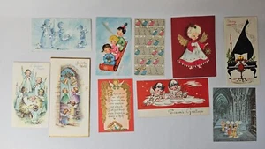 Vtg Lot 10 Angel Christmas Cards 1960s 1950s MCM Sled Manger Piano Bells Glitter - Picture 1 of 5