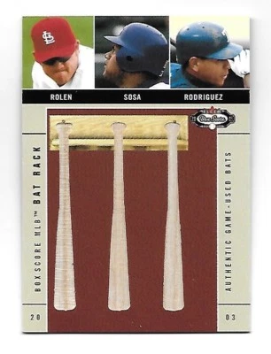 ROLEN/SOSA/RODRIGUEZ 2003 Fleer Box Score MLB Bat Rack game used bat piece /250 - Image 1 of 2